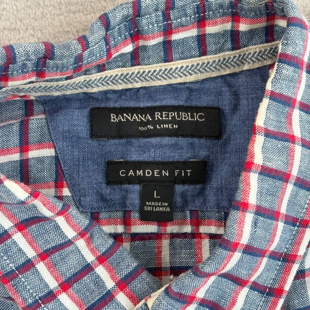 Banana Republic Camden Fit Shirt Men Large‎ Blue Red White Plaid 100% Linen NWOT